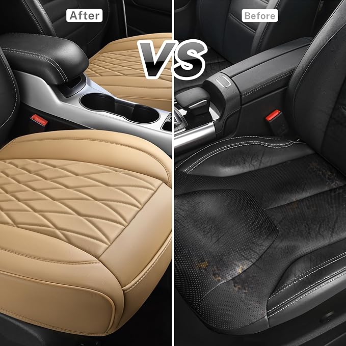 CAR PASS 2 Pack Leather Front Car Seat Covers, Bottom Seat Covers Full Wrapped with Storage Pocket, Anti-Slip Leather Seat Protectors,Waterproof Seat Cushion Universal Fit Sedan SUV Truck, Light Beige