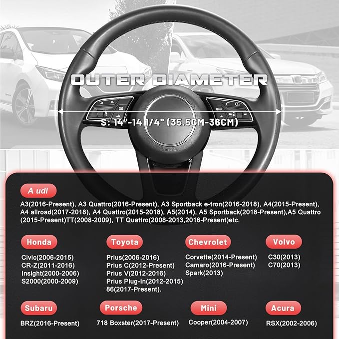 SEG Direct Car Steering Wheel Cover for Prius Civic Model 3 Model Y Camaro, Small Size 14-14.25 inch, Black and Red Microfiber Leather