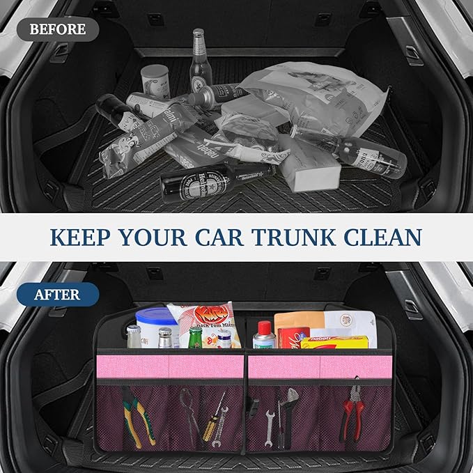 Femuar Car Trunk Organizer, Car Storage Organizer with Large Capacity Waterproof Collapsible Trunk Organizer for Car Suv/Jeep/Sedan (Pink, Standard)
