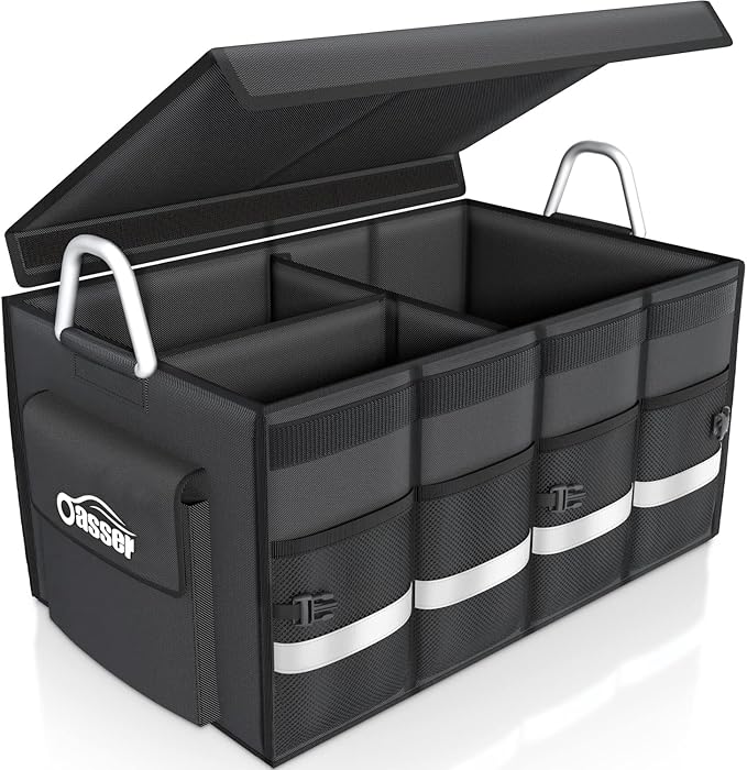 Oasser Trunk Organizer Cargo Organizer Trunk Storage Waterproof Collapsible Durable Multi Compartments with Foldable Cover Aluminium Alloy Handle Reflective Strip (Large, Black)