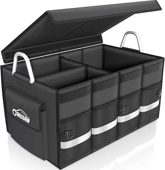 Oasser Trunk Organizer Cargo Organizer Trunk Storage Waterproof Collapsible Durable Multi Compartments with Foldable Cover Aluminium Alloy Handle Reflective Strip (Large, Black)