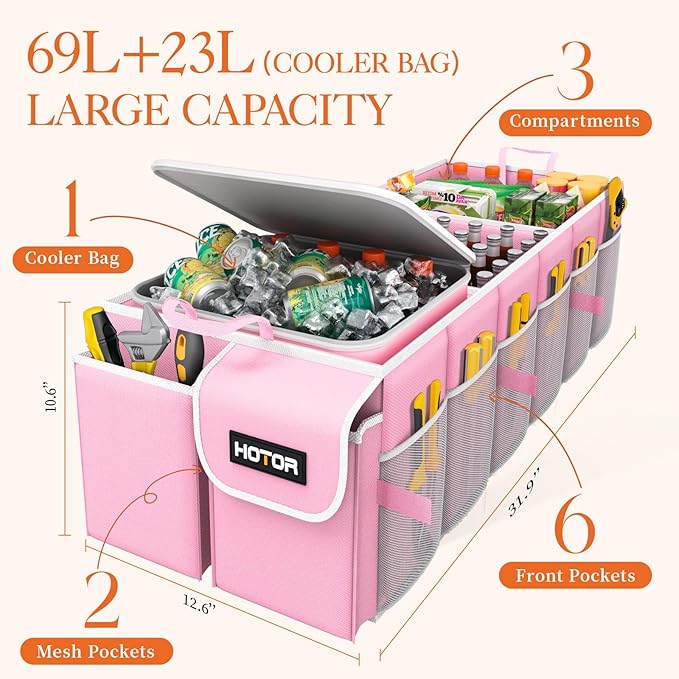 HOTOR Trunk Organizer, Sturdy Foldable with Cooler for Car & SUV, 3 Compartments, Pink, 30.90”×12.60”×10.63”