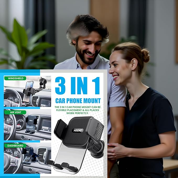 Car Phone Holder for Dashboard, Windshield, Air Vent - Universal Mount, Heavy Duty, Compatible with All Smartphones