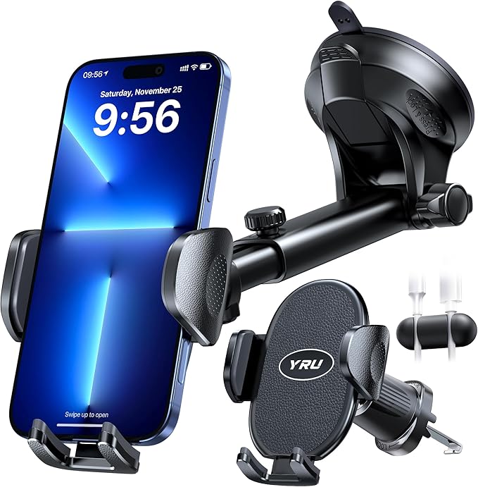 YRU Upgraded Universal Car Phone Holder Mount【360°Rotatable & Strong Suction】 Cell Phone Car Dashboard Windshield Phone Holder Dash Vent Stand for iPhone 17 16 Pro Max Samsung Truck, Black
