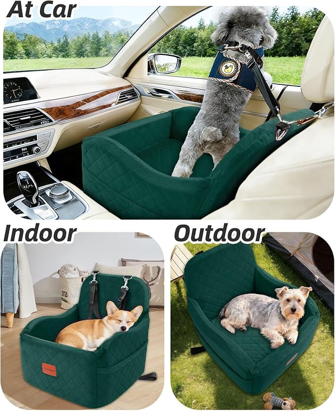 Dog Booster Car Seat for Small/Medium Dogs,6in Elevated Cushion,Fully Detachable and Washable,2 Storage Pockets & 3 Straps,Fits in Front/Back Seat,Easy to Install (Green,Medium)