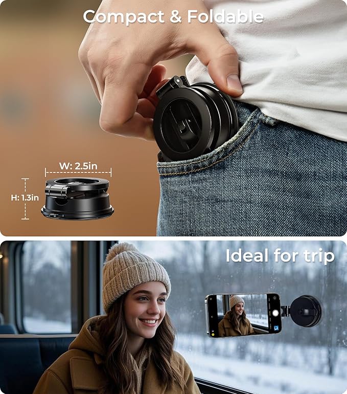 【Vacuum Suction Folding Car Mount】Magnetic Car Phone Holder for magsafe, Aerospace Alloy Arm, Best Dashboard/Windshield/Screen Holder for Your Car/Tesla/Gym/Mirror/Shower/Smooth Surface/iPhone