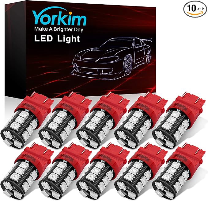 Yorkim 3157 Red LED Light Bulbs, 3056 3057 3156 3157 4157, 360 Degree Lighting Angle, Super Bright, Non-Polarity Design, Easy to Install