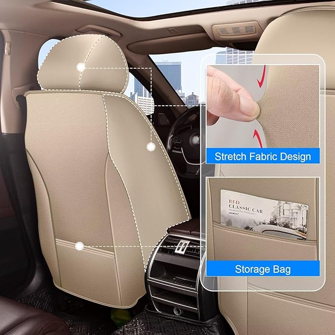 2PCS Front Car Seat Covers Fit for Lincoln MKX 2008-2019 Faux Leather Seat Cover Waterproof Seat Cushion Protector (Beige)