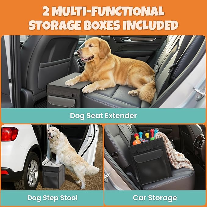 Backseat Cover for Dogs in Car with 2x Storage Boxes - Waterproof Dog Car Seat Cover, Backseat Extender Clip Strap, Carry Bag - Hammock Bed Seat Extender for Dogs, Pet Protector for SUV Truck