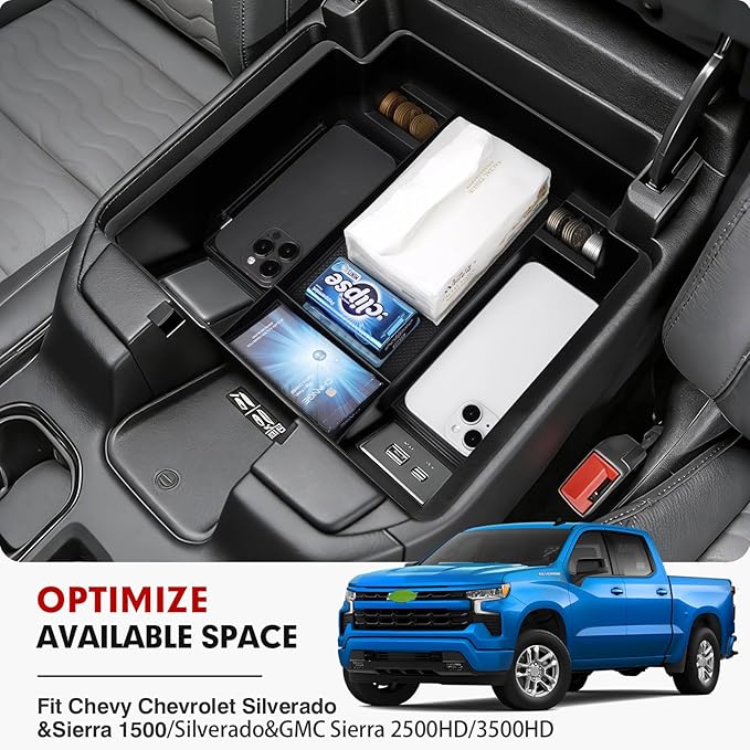 Autorder Center Console Organizer for 2022-2026 Chevy Chevrolet Silverado&Sierra 1500/2024-2026 Silverado&GMC Sierra 2500HD/3500HD Accessories Armrest Storage Box(Only Fit Full Console w/Bucket Seats)