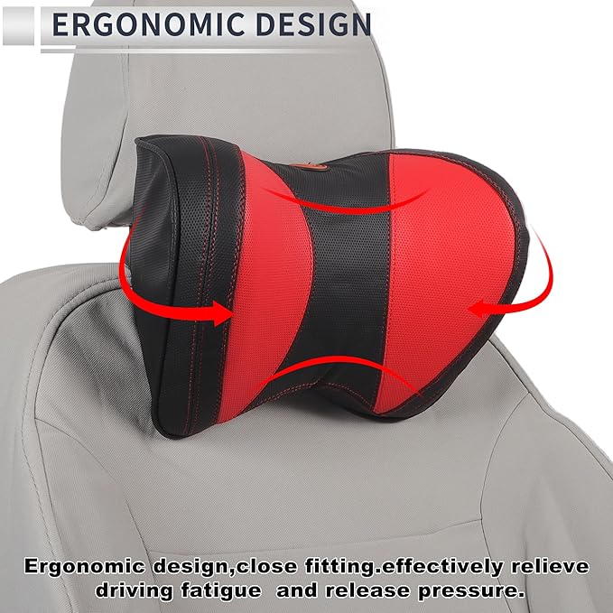 Car Headrest Pillow Ergonomic Comfortable Neck Support Pillow Nappa Leather and Memory Foam Adjustable Width Black and Red 1 Pc for Driving Travel