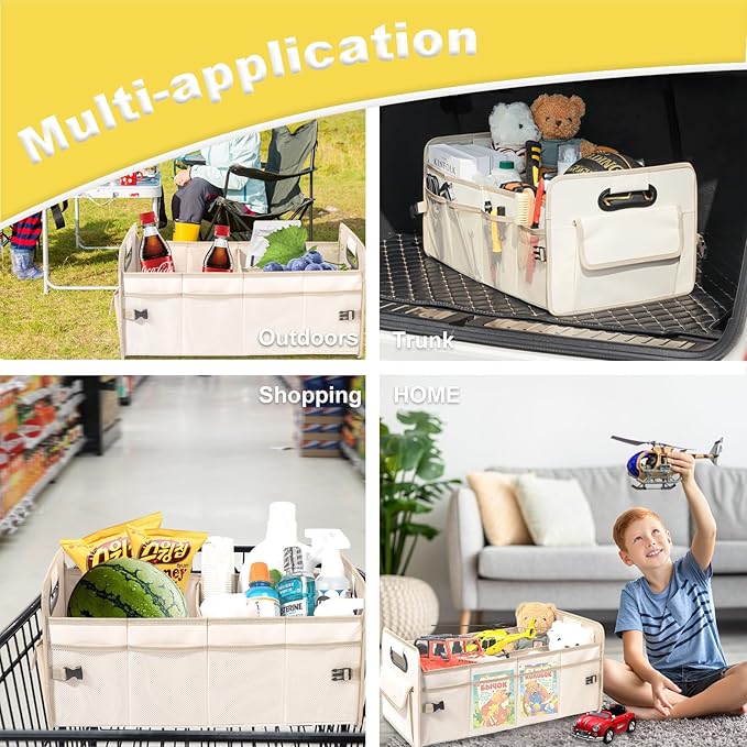 JiatuA Car Trunk Organizer, Car Organizers and Storage Collapsible Multi Compartment Container Box, Adjustable Car Accessories for SUV Sedan Truck, Large Size, Beige