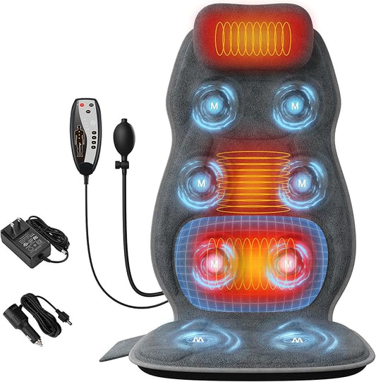 Back Massager with Heat, Full Body Massage Pad with Pillow Neck Support, Soft Plush Fabric Cover, Chair Massager with 3D Lumbar Truction and 8 Vibration Motors, Gifts for Dad Mom, Home Office Use