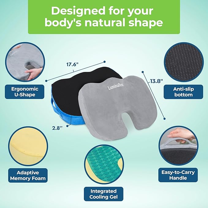 LuminaRest® Gel Seat Cushion for Long Sitting – Premium CertiPUR-US® Certified Memory Foam, Ergonomic Office Chair Cushion for Tailbone & Coccyx Pain Relief, Sciatica & Back Support – (Gray)