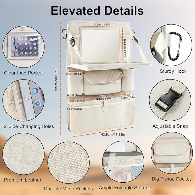 Car Backseat Organizers 2 Pack with Foldable Trays - PU Leather Back Seat Organizers with 11 Storage Pockets, Tablet Holders, Seat Back Protectors for Kids Family Travel Accessories (Beige)