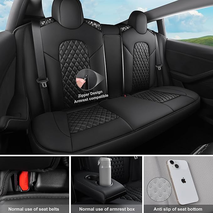 CAR PASS Car Seat Covers for Tesla Model 3 Nappa Leather Bling Diamond Car Seat Protector Full Coverage Airbag Compatible Custom Fit 2017 2018 2019 2020 2021 2022 2023 2024, Black Rhinestone Full Set