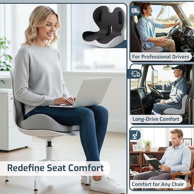 Office Chair Cushions with Lumbar Support Pillow, Soothe Back and Seat Cushion Memory Foam, Non Slip Adjustable Strap for Lower Back Pain Sciatica Relief Office Workers Car Drivers (Black+Light Gray)