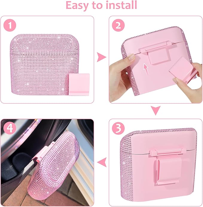 Accmor Bling Car Trash Can with Lid, Leak-Proof Mini Vehicle Trash Bin Automotive Dustbin Organizer Storage, Sparkling Crystal Trash Bag Container with 30pcs Garbage Bags for Car, Home, Office (Pink)