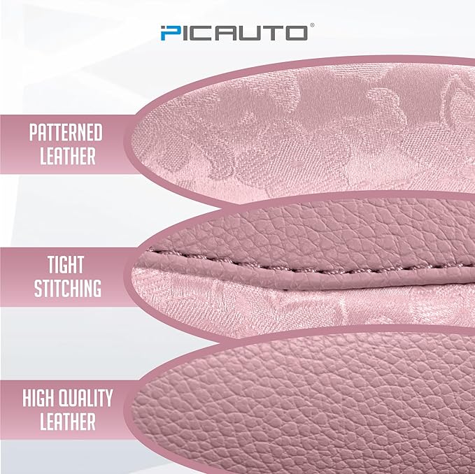 PIC AUTO Steering Wheel Cover, Pink Patterned Leather Patchwork Design, Universal Fit 14.5"–15.5", Anti-Slip, Odor-Free, Soft PU Grain Leather, Durable Grip Car Accessory for Girls & Women