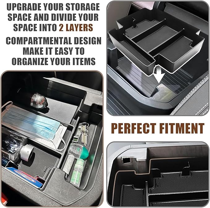 Muslogy Center Console Organizer & Cup Holder Inserts Compatible with 2021-2025 2026 GMC Yukon Chevy Tahoe Suburban Accessories Front & Rear Drink Holder & Armrest Storage Box(Power Sliding Console)