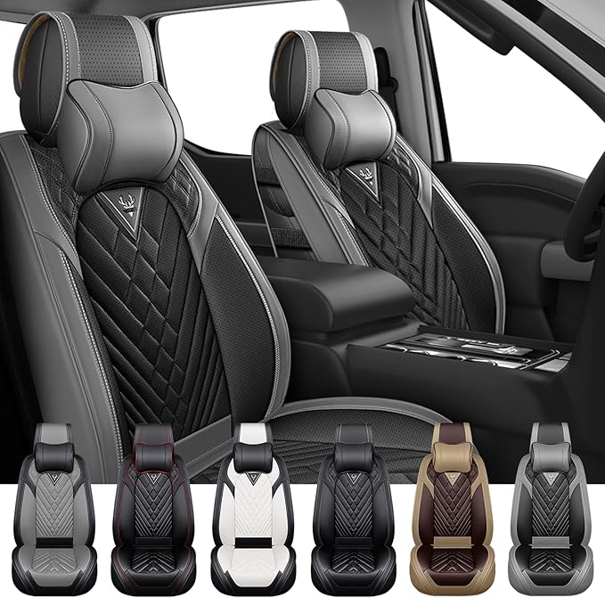 Front Set Car Seat Covers for Ford F-150 F-250 F-350 XL XLT STX Lariat King Ranch Platinum Raptor Waterproof Seat Covers 2009-2025, Anti-Slip Seat Protectors(Luxury 2 Seats/Gray Black)