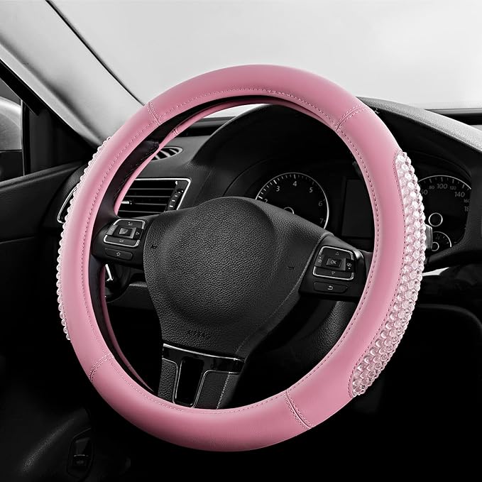 PIC AUTO Steering Wheel Cover, Glitter Gel Particles & Pink Luxury Leather Car Steering Cover, Universal Fit 14.5"-15.5" Anti-Slip Car Wheels Cover for Girls & Women