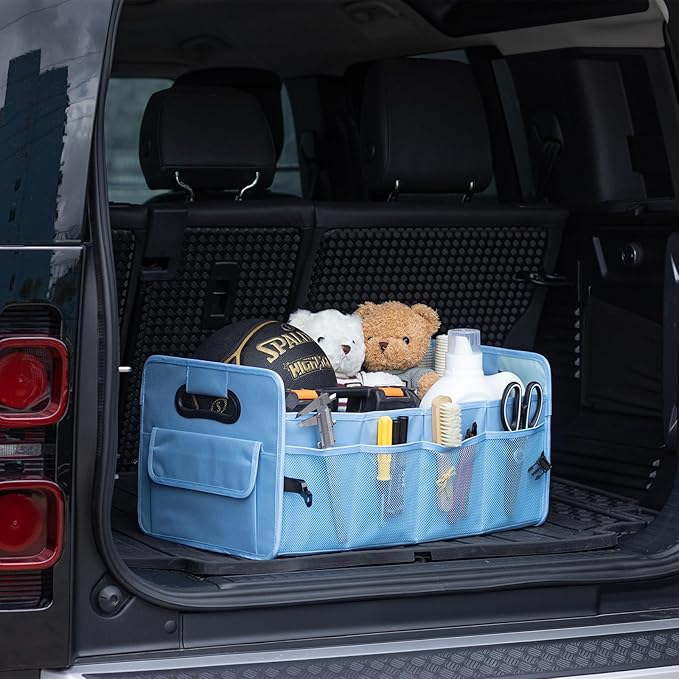 JiatuA Car Trunk Organizers and Storage Collapsible Multi Compartment Container Box, Adjustable Car Accessories for SUV Sedan Truck, Large Size, Light Blue