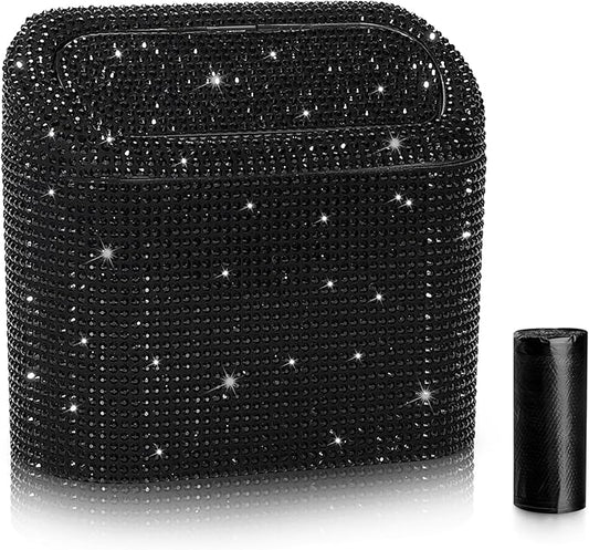 Accmor Bling Car Trash Can with Lid, Mini Vehicle Garbage Organizer Storage Bin Dustbin, Sparkling Crystal Rhinestone Holder Container with 30pcs Garbage Bags Car Accessories