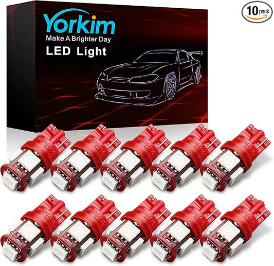 Yorkim 194 LED Bulbs Red Super Bright New 5th Generation, T10 168 LED Bulb for Car Interior Dome License Plate Map Door Courtesy Lights W5W 2825, Pack of 10