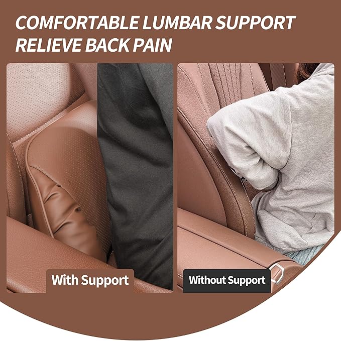 Lumbar Support Pillow for Car Seat, Memory Foam Leather Lumbar Pillow for Lower Back Pain Relief - Back Cushion for Driving - Chair Support for Office Chair, Gaming Chair, Brown, 1 Pack