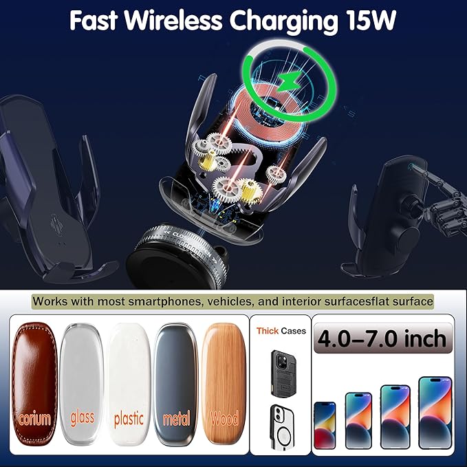 15W Wireless Fast Car Charger, Auto-Clamping Car Phone Holder with Rotating Vacuum Suction, Smart Sensor, 360° Adjustable Dashboard & Windshield Mount for iPhone & Samsung (Dark Purple)