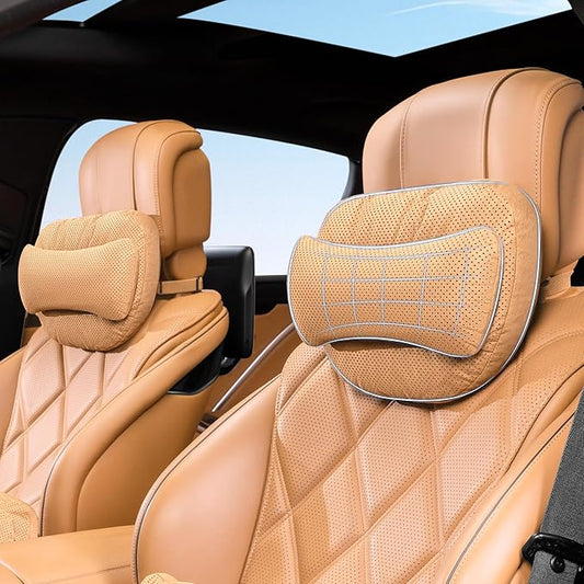 2 Pack Car Neck Pillow, uede Car Headrest Pillow for Neck Support with Adjustable Strap, Universal Fit Cars SUVs Sedan Home Office (Palomino Brown)