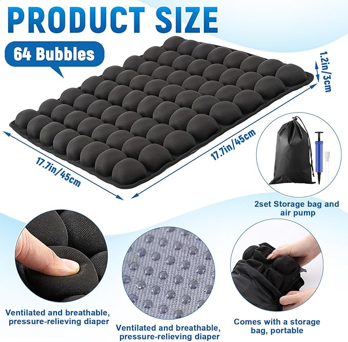 2 Pcs Travel Cushion for Airplane Seat, Inflatable Airplane Seat Cushion for Long Flights 64 Bubbles Portable 3D Air with Storage Bag Pressure Relief Ergonomic for Office, Car, Stadium