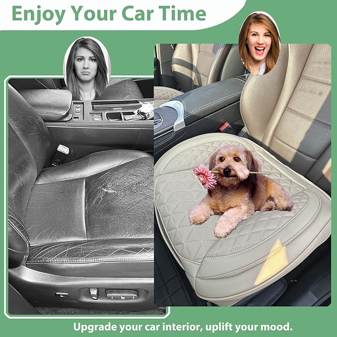 2 Pack Leather Front Car Seat Cover Bottom Only, Anti-Slip Padding Seat Cushion, Full Wrap Seat Protector with Storage Function Universal Fit for Most Cars, SUV, Pick-up Trucks (Beige)