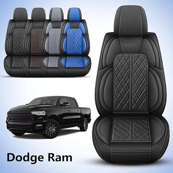 Car Seat Cover Custom Fit for Dodge Ram 1500 2500 3500 2002-2026 Faux Leather Seat Cover Set Compatible with Crew Quad Regular Cab Pickup Truck Cushions (Black, Front Seat)