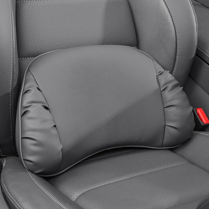 Lumbar Support Pillow for Car Seat, Memory Foam Leather Lumbar Pillow for Lower Back Pain Relief - Back Cushion for Driving - Chair Support for Office Chair, Gaming Chair, Gray, 1 Pack