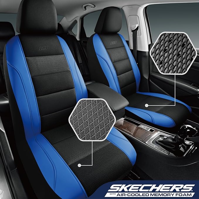 Skechers Men’s Seat Covers, Air-Cooled Memory Foam Car Seat Covers Front Seats, Airbag Compatible,Universal Fit for Most Cars, SUVs, Vans and Trucks,Blue