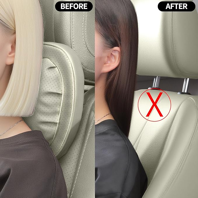Car Neck Pillow [No More Pressure] Soft Comfortable Premium Leather Headrest with Adjustable Strap – Ergonomic Support for Driving, Office & Gaming, Off White (Beige), 2 Pack