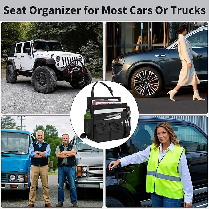 Car Front Seat Organizer Backseat Organizer with Dedicated Tablet Laptop Storage Adjustable Shoulder Strap Cup Holder Truck Seat Storage Universal Fits for Most of Car