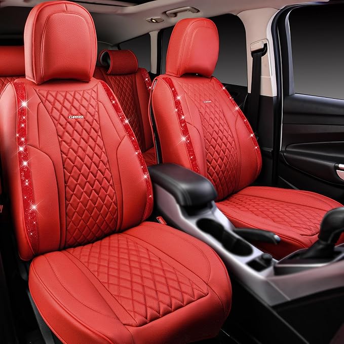 CAR PASS Nappa Leather Bling Diamond Car Seat Covers Full Set Universal Cushioned, Waterproof Heavy-Duty Anti-Slip Luxury Leather, Fit for SUV Sedan, Sparkly Glitter Shining Crystal Red Rhinestones