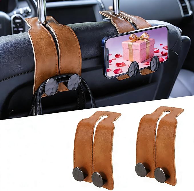 2PCS Leather Car Seat Hooks for Headrest, Vehicle Hanger Storage Organizer Universal for Handbag Purse, Car Accessories Gift (Brown-Black)