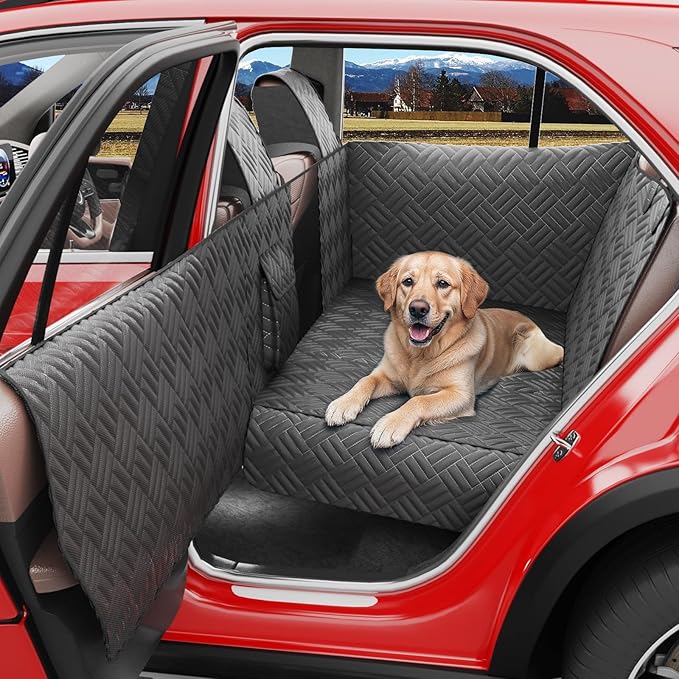 Dog Car Seat Cover for Back Seat- Heavy Duty Waterproof- Hard Bottom Backseat Extender Fits Sedan SUV & Small Truck, Full Coverage for Doors, Rear Seats & Front Headrests