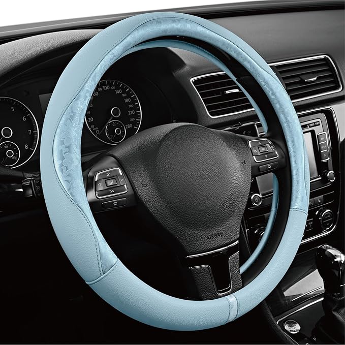 PIC AUTO Steering Wheel Cover, Light Blue Patterned Leather Patchwork Design, Universal Fit 14.5"–15.5", Anti-Slip, Odor-Free, Soft PU Grain Leather, Durable Grip Car Accessory for Girls & Women