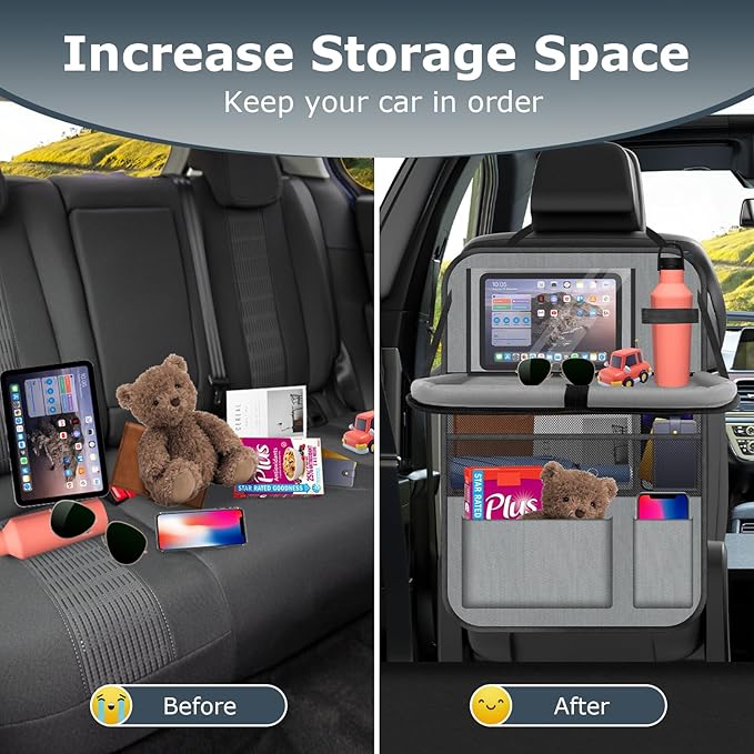 Car Backseat Organizer with table Tray, 9 Storage Pockets Backseat Car Organizer with Tablet Holder, Back seat Organizer for Kids Road Trip Essentials Travel (1Pack)