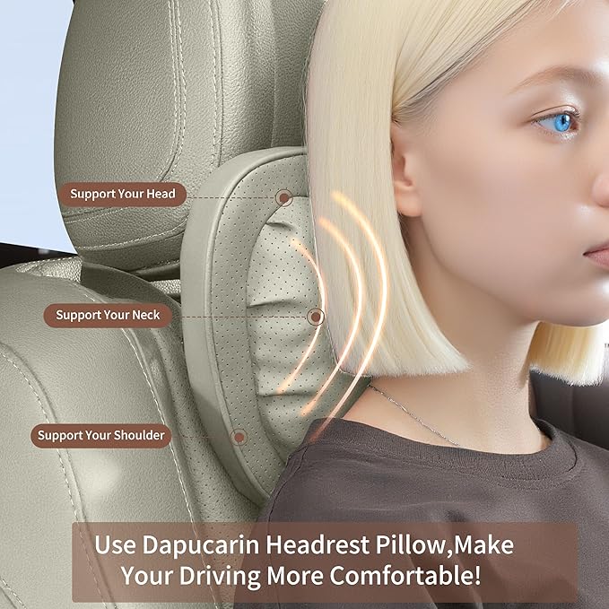 Car Neck Pillow [No More Pressure] Soft Comfortable Premium Leather Headrest with Adjustable Strap – Ergonomic Support for Driving, Office & Gaming, Off White (Beige), 2 Pack