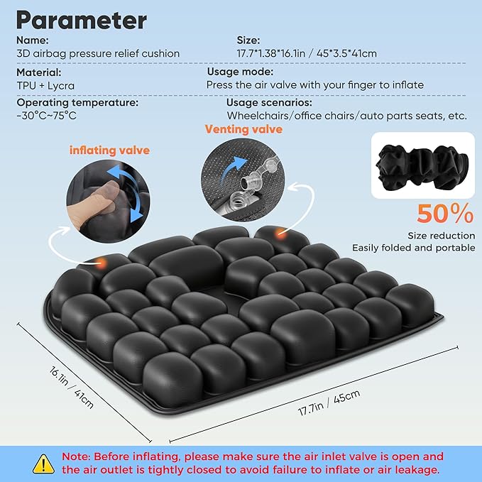 Inflatable Seat Cushion, Airplane Seat cushion for Long flights Without Air Pump, Pressure Relief Seat Cushion, Wheelchair cushions Applicable to Various Scenarios, Relief Discomfort in Coccyx&Buttock