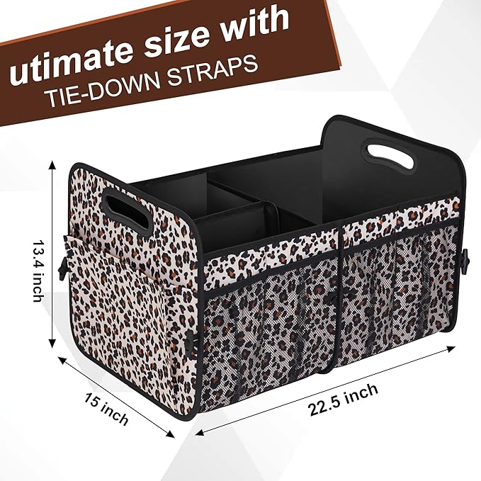 Femuar Car Trunk Organizer, Large Capacity Collapsible Trunk Storage with 11 Pockets, Waterproof, Non-Slip, Suitable for Car, SUV, Truck, Van, Jeep, Sedan, Leopard Print