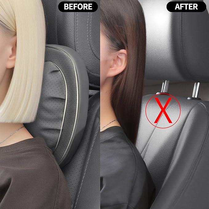 Car Neck Pillow [No More Pressure] Soft Comfortable Premium Leather Headrest with Adjustable Strap – Ergonomic Support for Driving, Office & Gaming, Gray, 2 Pack