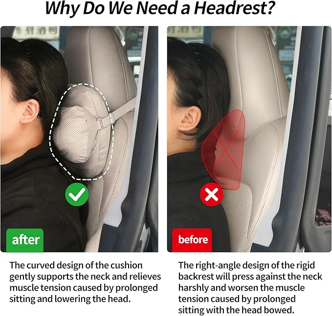 2 Pack Car Neck Pillow, Car Seat Headrest Neck Rest Cushion, Suede Car Headrest Pillow for Neck Support with Adjustable Strap, Universal Fit Cars SUVs Sedan Home Office (Beige)