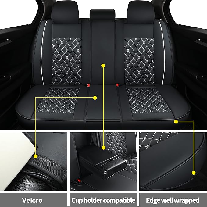 Car Back Seat Covers,Rear Seat Covers,Universal Fit for Most Cars,SUV,Sedans and Pick-up Trucks,Automotive Faux Leather Vehicle Cushion Covers(Rear Seat Covers,Black/White)